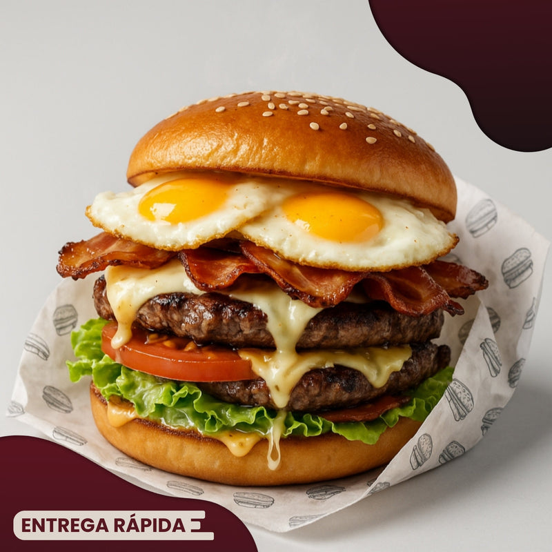 X-Mineiro
🍔
|2 bifes, presunto, mussarela, 2 ovos, Bacon, alface, tomate, milho e batata palha|