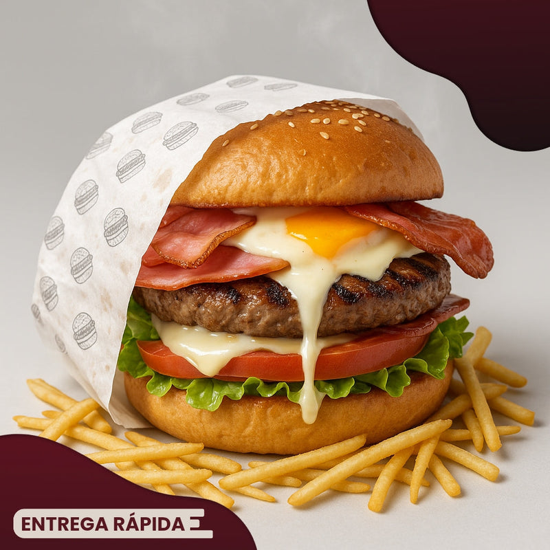 X-Egg-bacon
🍔
|Bife, presunto, mussarela, alface, tomate,, ovo e bacon, milho e batata palha|